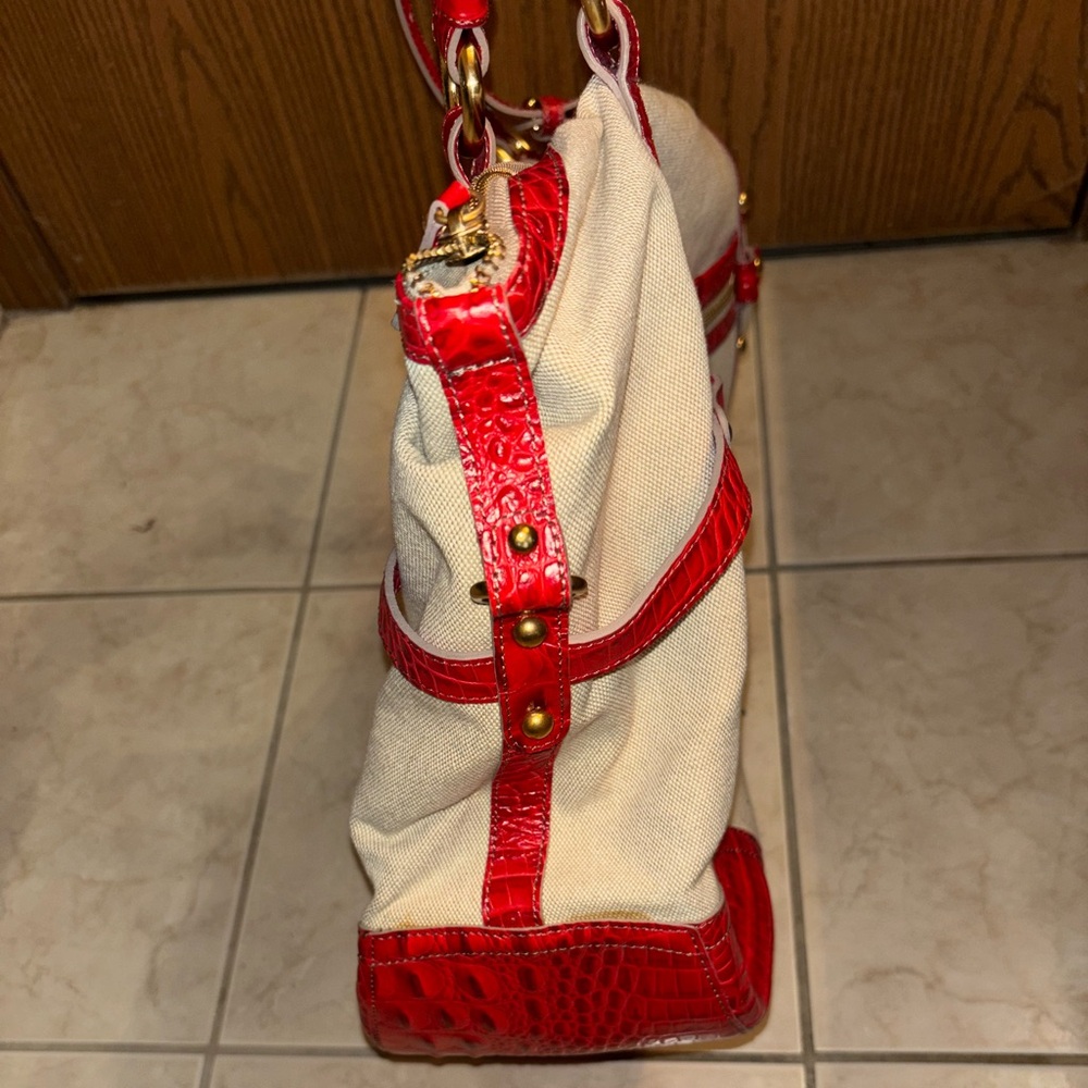 BRAHMIN MEGATOTE WINDJAMMER HANDBAG CREAM CANVAS & RED - Picture 5 of 9